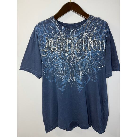 AFFLICTION Mens T Shirt Wings and Celtic Cross Blue Distressed Sz 2XL - Picture 7 of 7